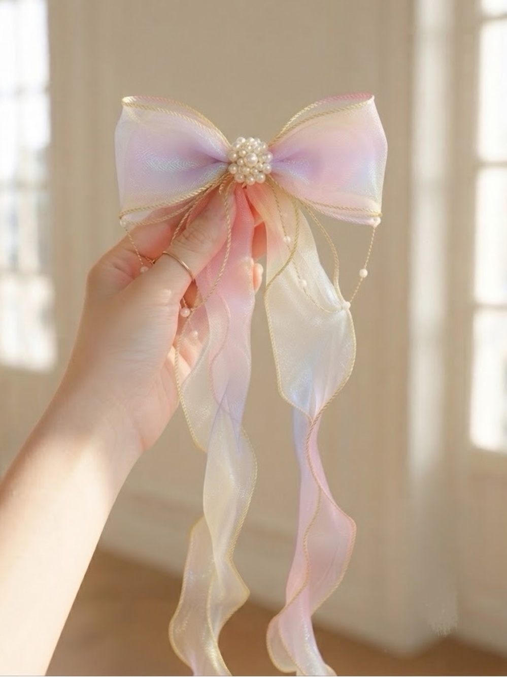 Pastel Ribbon Bow Hair Clip with Pearl Center - Picture 1 of 2